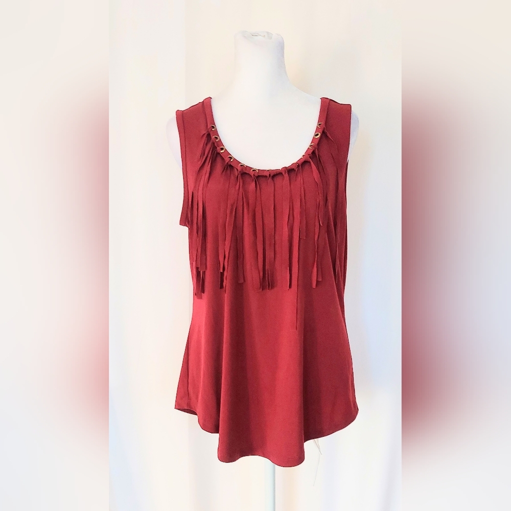 Midnight Velvet Fringe Sleeveless Top Shirt Maroon Red Size Medium